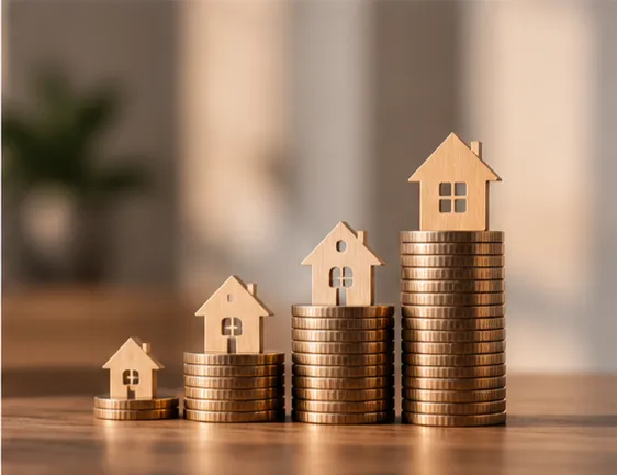 Drevené domčeky na stĺpcoch mincí — rast hodnoty investície do nehnuteľností